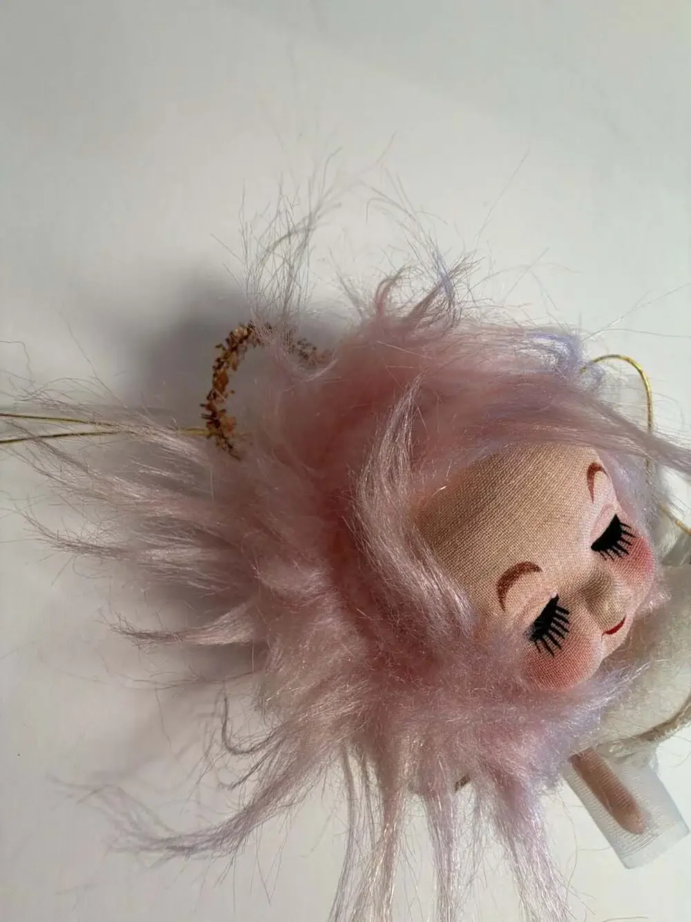 Vintage Mid-Century Japan Pink Hair Pixie Angel Ornament with Tulle Wings